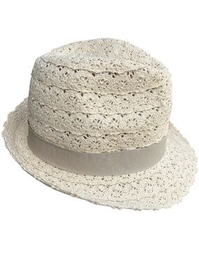 D&Y Cotton Cream Crocheted Grey Grosgrain Trim Packable Fedora Hat